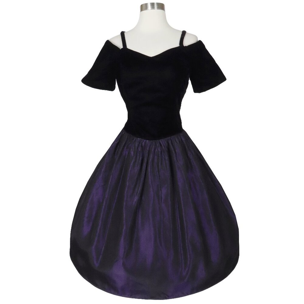 Vintage 80s Black Velvet Dark Purple Taffeta Full Skirt Prom Party Dress M L